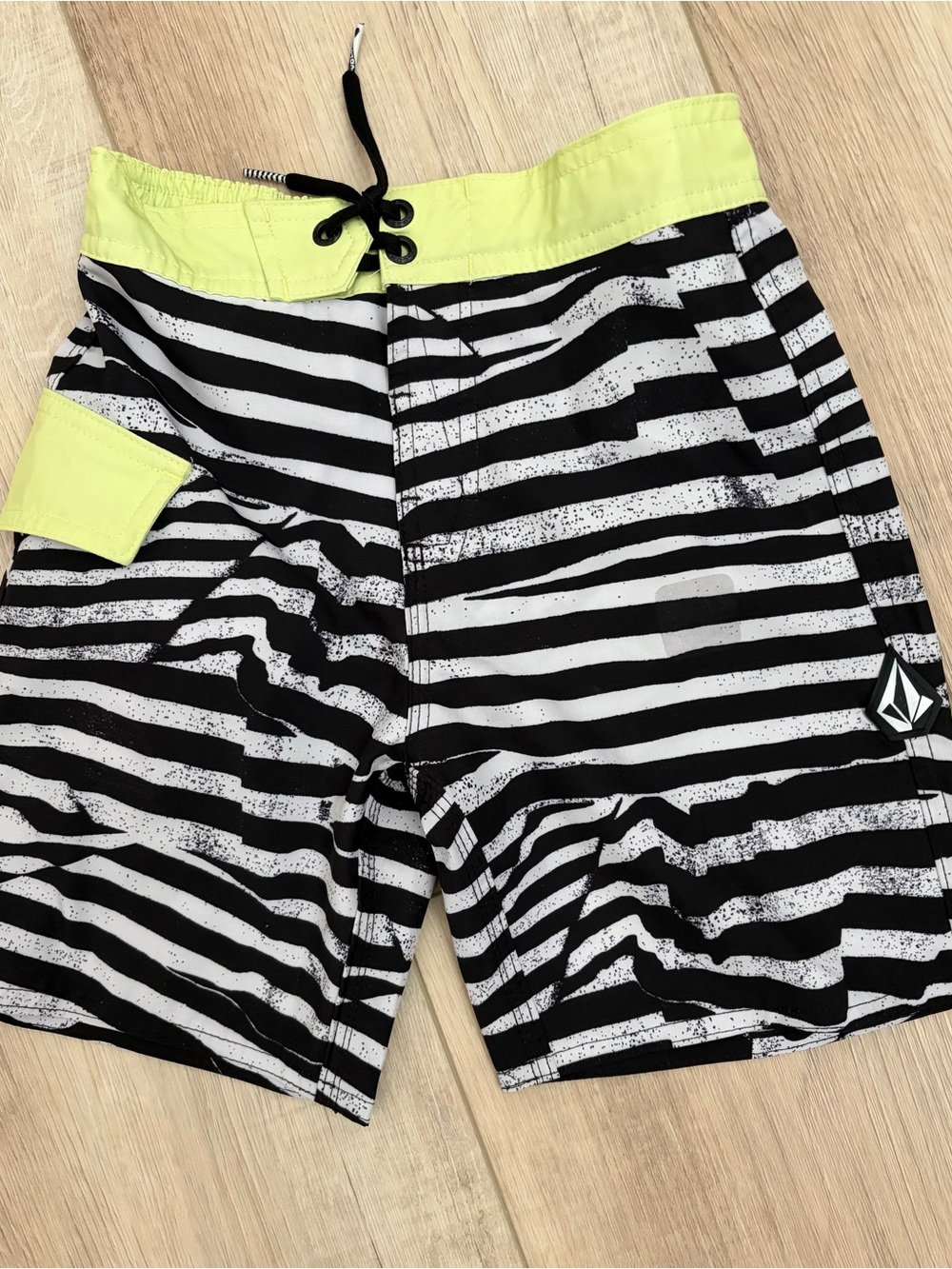 Volcom Men’s Black & White Striped Board Shorts with Lime Waistband